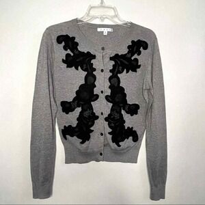 CAbi Grey Cardigan Black Lace‎ Embroidered detail S